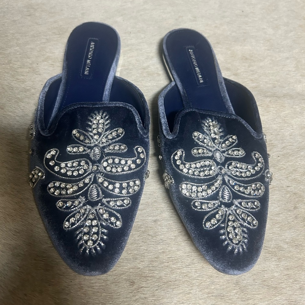 Antonio Melano Embellished Velvet Mules in Navy Blue